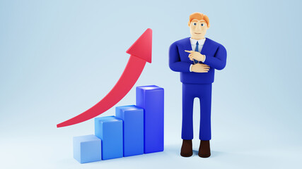 3D render of businessman and bar graph. Business online mobile and e-commerce on web shopping concept. Secure online payment transaction with smartphone.