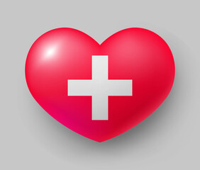 Obraz premium Heart shaped glossy national flag of Switzerland. European country national flag button, Swiss symbol in patriotic colors realistic vector illustration on gray background
