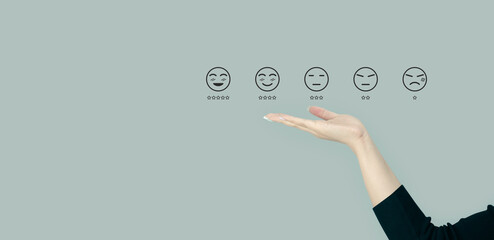 Woman hand with emotion icon, Feedback rating, Satisfaction customer service evaluation, Client assessment survey concepts