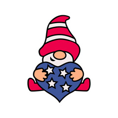 Baby gnome with heart and striped hat on white background. Patriotic USA gnome. Vector Illustration.