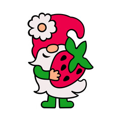 Adorable gnome with strawberry on white background. Vector illustration.