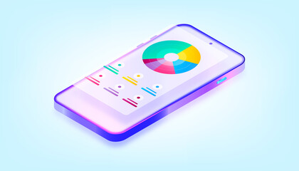 Online mobile app monitoring money e-wallet on mobile app. Analyzing graphs. 3D Gradient Web Vector Illustrations. Suitable for ui, ux, web, mobile, banner and infographic.