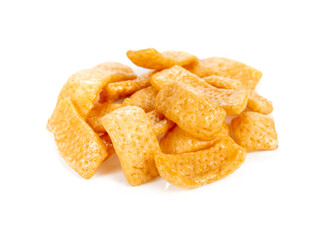 Snacks, Crispy pastries coated with caramel on white background.