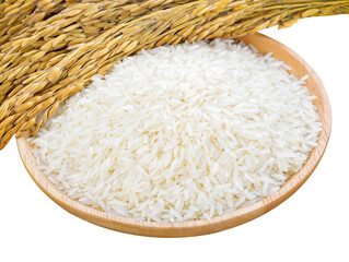 white rice (Thai Jasmine rice) in wooden plate and unmilled rice isolated on white background