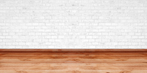 Room interior vintage with white brick wall and wood floor texture for design artwork.