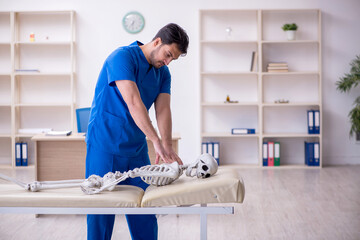 Young male doctor examining skeleton patient