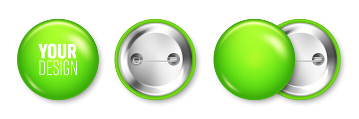 Realistic green blank badge isolated on white background. Glossy 3D round button. Pin badge, brooch mockup for product promotion and advertising. Vector illustration.