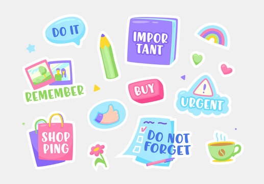 Set of Stickers Do not Forget, Important, Urgent and Buy. Shopping, Remember and Do It Notification Sticky Symbols