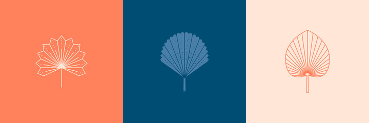 Set of Abstract Palm Leaves in a Trendy Minimal Linear Style. Vector Tropical Leaf Boho Emblem. Floral Illustration