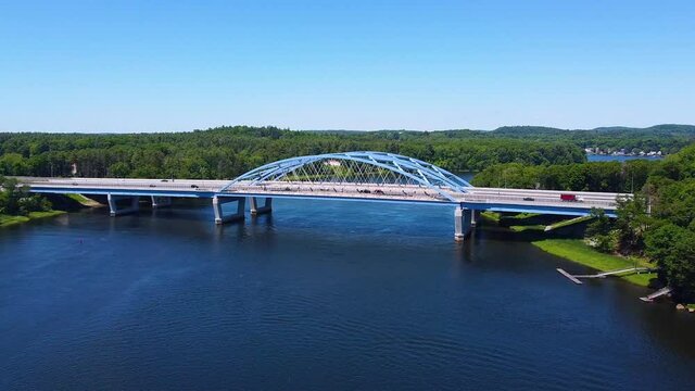 John Greenleaf Whittier Bridge on Merrimack River aerial view in summer between city of Amesbury and Newburyport near river mouth to Atlantic, Massachusetts MA, USA. 