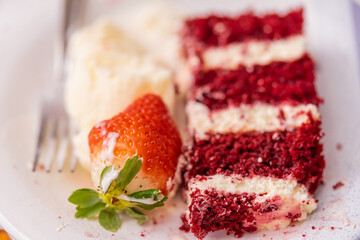 Red velvet cake. Slice of cake. Raspberry cake. Devil's cake. Wedding dessert. Birthday party. Delicious dessert. Traditional american dessert