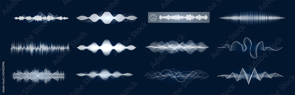 Leinwandbilder Varied sound waves, beautiful set one color. Concept voice assistant, equalizer and sound recognition. Suitable for App, UI, UX design. Hi-tech AI assistant voice. HUD graph signal Sound Waves. Vector