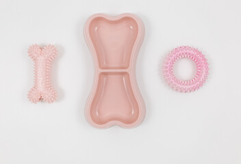 Set of pink accessories for your dog: bowl, toys, ball, bones, snacks on white background. Pet care and training for pet owners.