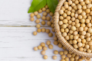 Soybean or soya bean in a bowl on white table background, healthy concept.