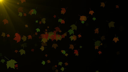 Red green and yellow maple leaves particle background