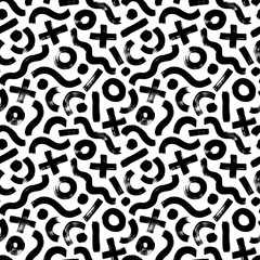 Geometric vector seamless pattern in Memphis style. Grunge brush stroke triangles, circles, crosses and squares. Hand drawn ink illustration. Hipster black paint geometric background. 