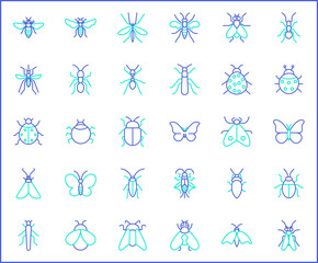 Set of insect and bug Icon line style. Contains such Icons as mosquito, mantis, moth, ant, bug stick, ladybug, mite, natural And Other Elements. customize color, easy resize.