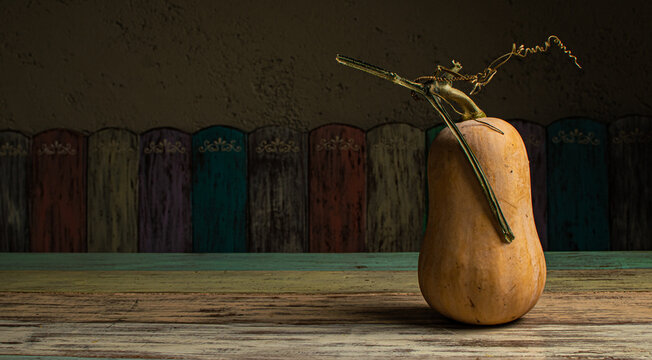 Butternut squash on wooden table with blur background