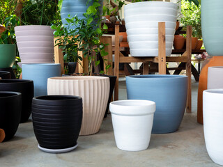 Various colorful plant pots in the shop.
