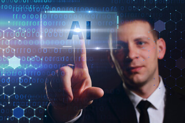 Business, Technology, Internet and network concept. Young businessman working on a virtual screen of the future and sees the inscription: AI