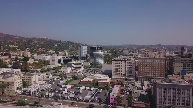 LA: Drone shot over Hollywood looking towards the Capitol Records building