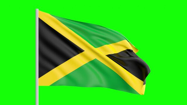 National Flag Of Jamaica Waving In The Wind on Green Screen With Alpha Matte
