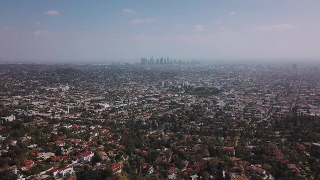 LA: Drone shot over Griffith Park looking out towards the Downtown skyline in the smog with Silverlake and Echo Park in the foreground