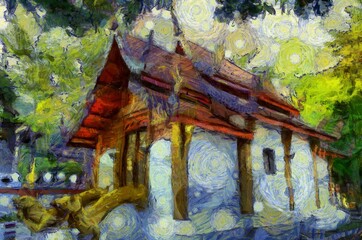 Fototapeta premium Ancient temples, art and architecture in the northern Thai style Illustrations creates an impressionist style of painting.