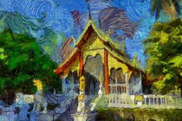 Obraz premium Ancient temples, art and architecture in the northern Thai style Illustrations creates an impressionist style of painting.