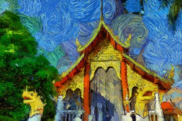Ancient temples, art and architecture in the northern Thai style Illustrations creates an impressionist style of painting.