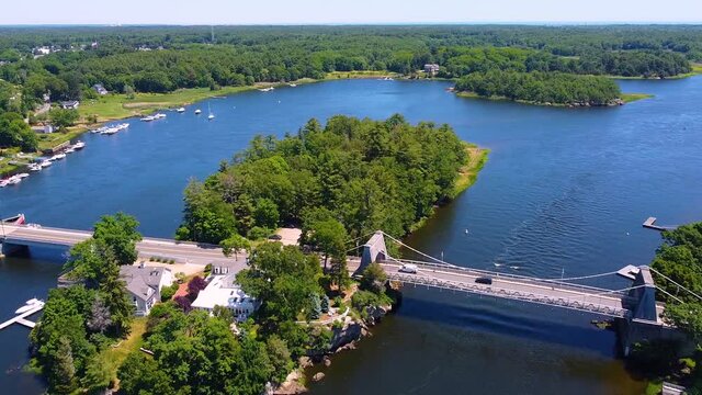 Merrimack River and Deer Island Park aerial view in summer between city of Amesbury and Newburyport near river mouth to Atlantic, Massachusetts MA, USA. 