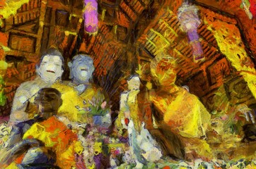 Fototapeta premium Ancient temples, art and architecture in the northern Thai style Illustrations creates an impressionist style of painting.