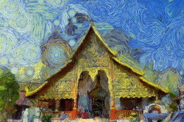 Ancient temples, art and architecture in the northern Thai style Illustrations creates an impressionist style of painting.