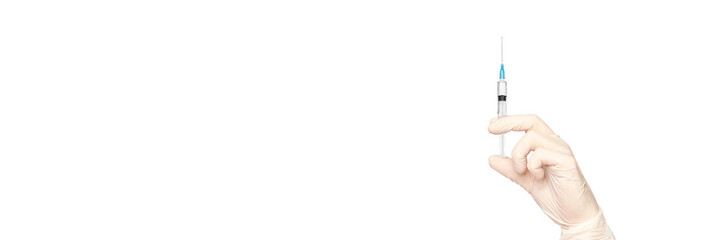 Person in white glove hold vaccine bottle with syringe. Injection pharmacy concept. Medical nurse...