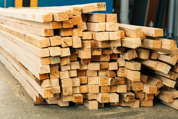 Wooden bars lie on the floor in a carpenter's shop or a sawmill. Background