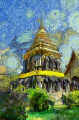 Fototapeta premium Ancient pagoda Illustrations creates an impressionist style of painting.