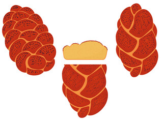 Set of challah is the national Jewish food. White bread. Vector illustration isolated on white background.