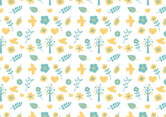 おしゃれかわいい北欧風パターン　花・木・鳥・ハート・葉っぱ　ターコイズ&times;黄