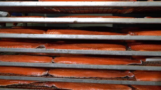 Person pulling trolley full of salmon out from the smoker with smoke around in the room