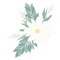 Bouquet of beautiful spring flowers. White flowers, leaves and branches. Flat isolated vector illustration.