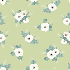 Seamless pattern. Set of bouquets of beautiful spring flowers. White flowers, leaves and branches. Flat isolated vector illustration.