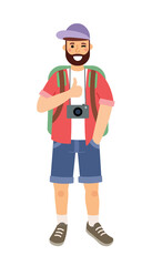 Tourist character men with backpack and camera, traveler. Vector flat illustration on white background