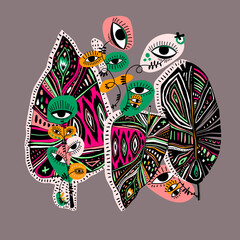 Quirky psychedelic magic jungle plant flower with many eyes vivid multicolor element. Vibrant aesthetic composition.