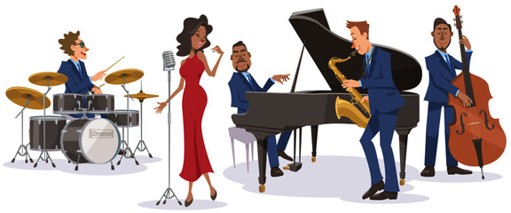 Jazz singer and musicians performing on isolated white background. Playing with piano, tenor saxophone, double bass, drums, and vocal. Vector illustration in flat cartoon style.