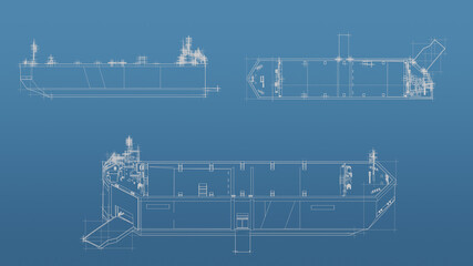 Boat 3d blueprint mesh model  on a blue background. Front view orthographic  and perspective free style render, 3d rendering
