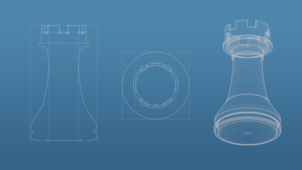 Chess 3d blueprint mesh model  on a blue background. Front view orthographic  and perspective free style render, 3d rendering