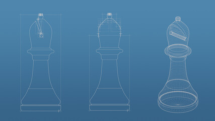 Chess 3d blueprint mesh model  on a blue background. Front view orthographic  and perspective free style render, 3d rendering