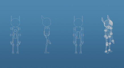 Robot 3d blueprint mesh model  on a blue background. Front view orthographic  and perspective free style render, 3d rendering