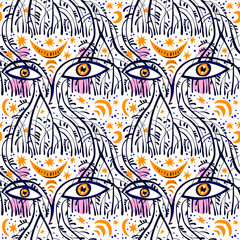 Dryad forest spirit. Tree branches form a magic wood face seamless pattern in psychedelic aesthetic, mystic background.