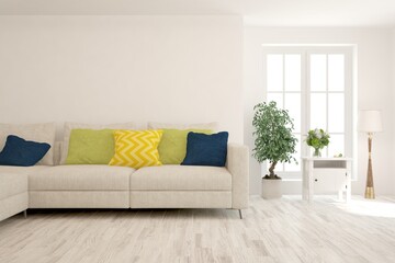 White living room with sofa. Scandinavian interior design. 3D illustration